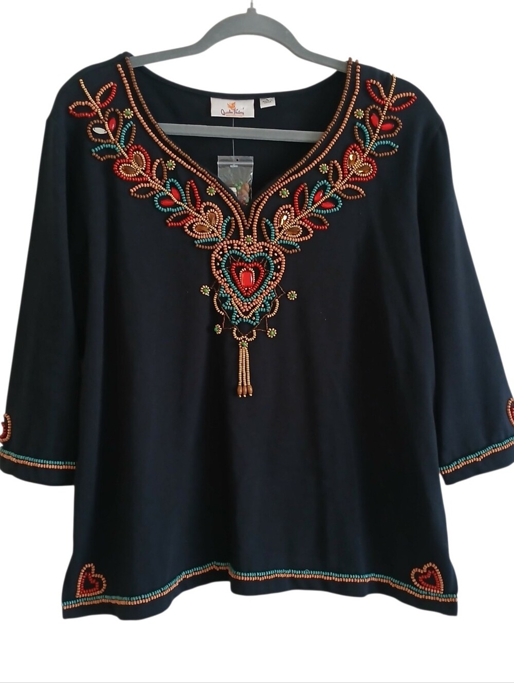 NEW QUACKER FACTORY Beaded Embellished Heart Tunic Women's L Black 100% Cotton
